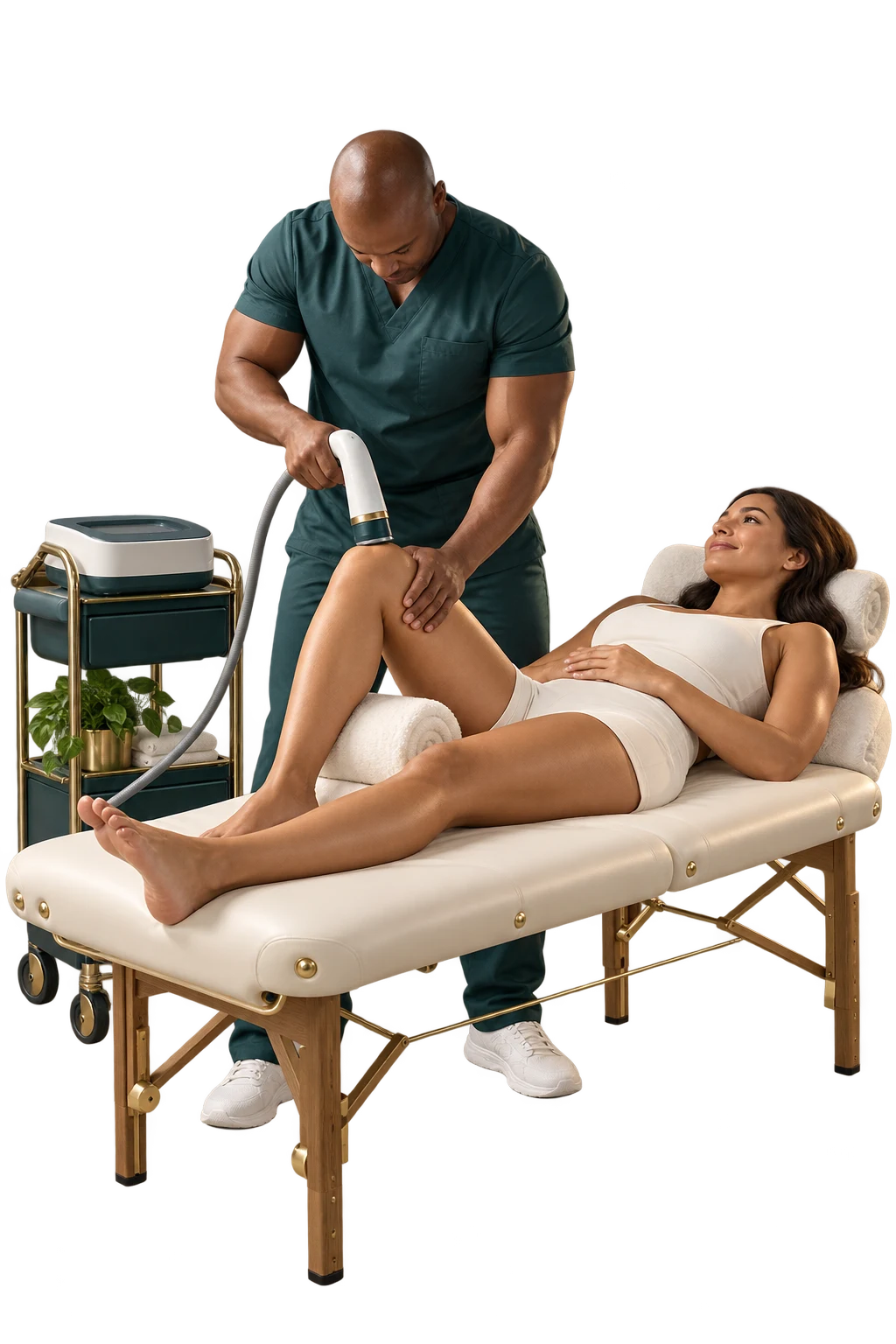 Eduardo providing calm non-invasive pain care focused on a patient's knee