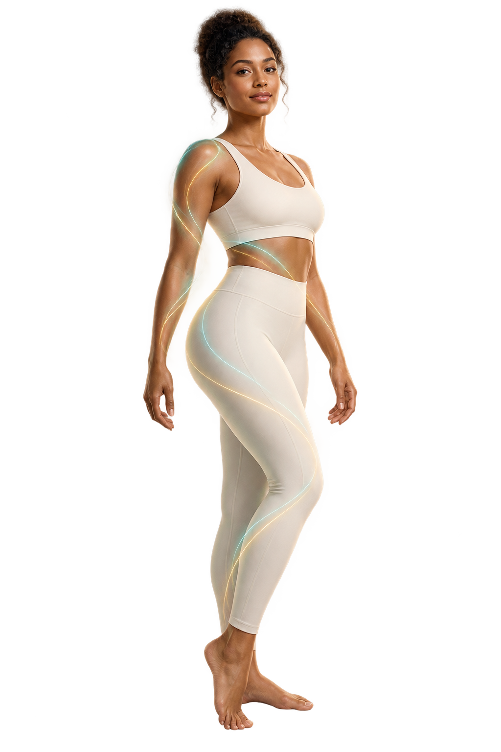 Confident adult woman standing in a calm balanced pose with subtle wellness pathways